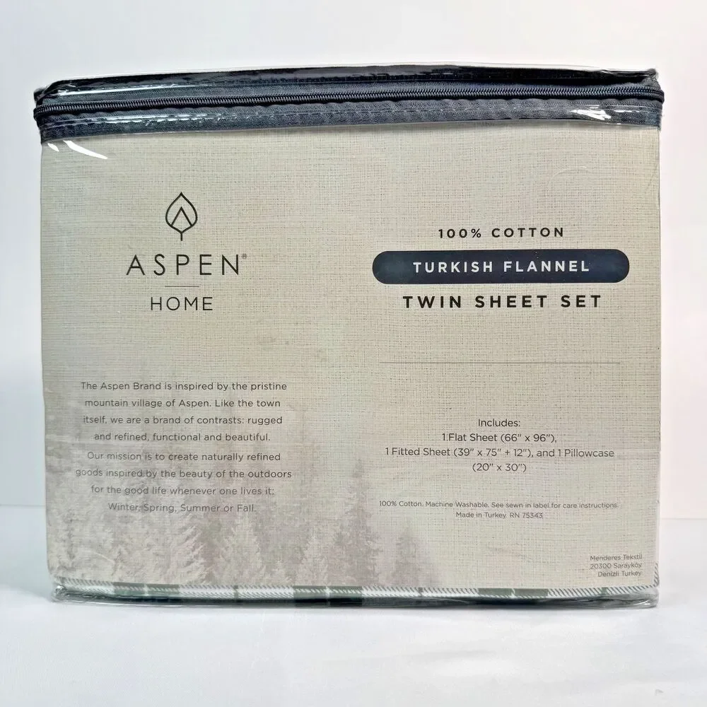 Aspen Home Turkish Flannel Twin Sheet Set 100% Cotton Green White Plaid 3pc New